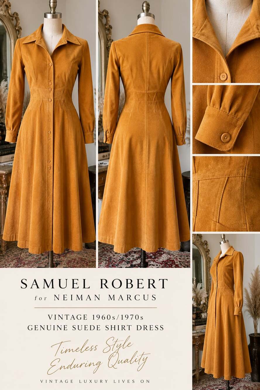 60’s Samuel Robert Neiman-Marcus Suede Midi Shirtdress Yellow pristine collector